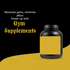 Image of a gym supplement bottle with text promoting gains and minimal effort.
