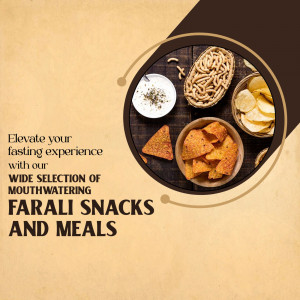Top-down view of various Farali snacks arranged around a central bowl, with promotional text.