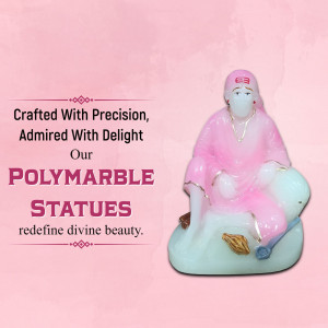 Close-up of a pink and white Polymarble Sai Baba statue with text overlay.