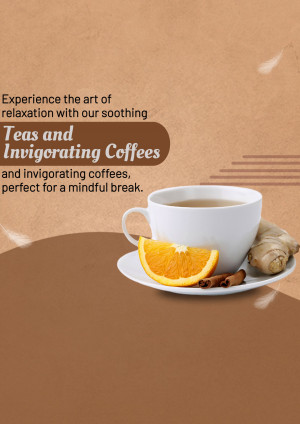 A cup of tea with orange slice, ginger and cinnamon on a brown background.