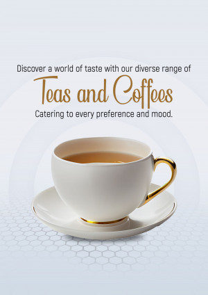 A cup of tea with gold accents on a saucer, promoting teas and coffees.
