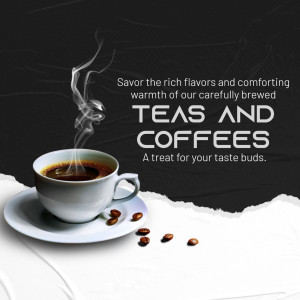 A cup of coffee with coffee beans and steam, promoting teas and coffees.