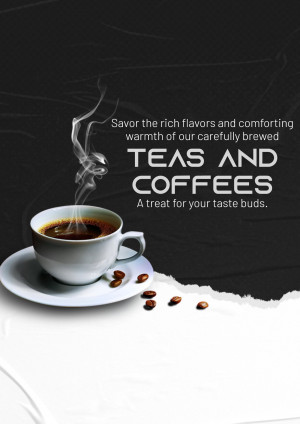 A cup of steaming coffee with coffee beans on a dark background.