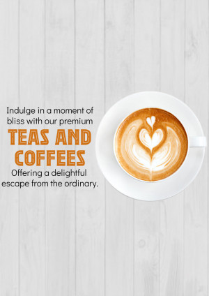 A white cup of latte art with a heart design, promoting teas and coffees.