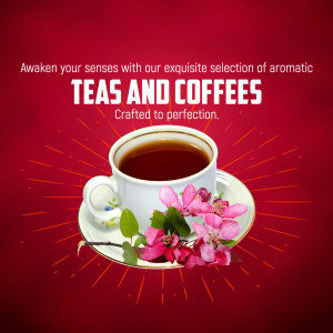 A cup of coffee with cherry blossoms on a red background with a radial burst effect.