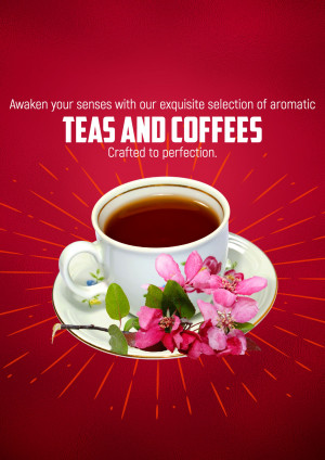 A cup of coffee with flowers on a red background promoting teas and coffees.