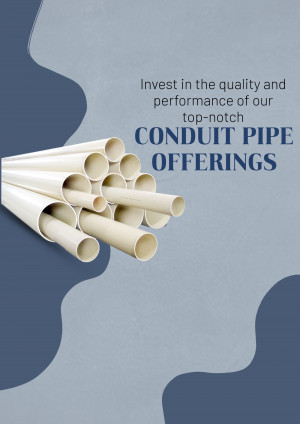 Stack of white conduit pipes against a blue and white wavy background with text promoting quality and performance.