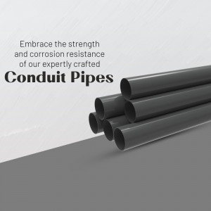 Close-up of black conduit pipes against a gray background with text promoting their strength and corrosion resistance.