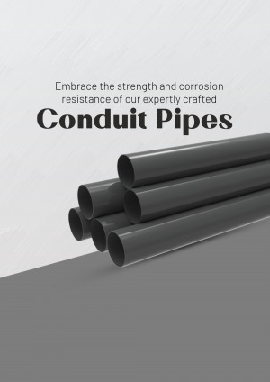 Black conduit pipes stacked on a gray surface with text promoting their strength and corrosion resistance.