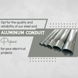 Image of steel and aluminum conduit pipes with promotional text.