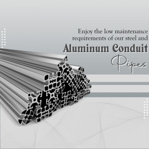 Stack of silver aluminum conduit pipes with text highlighting low maintenance.