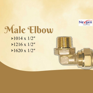 Brass male elbow fitting with size specifications