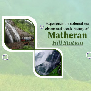 Matheran Hill Station promotional image with waterfall, toy train, and scenic views.