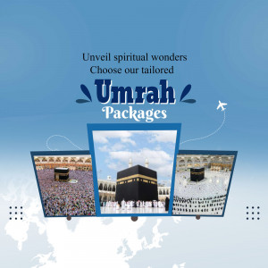 Advertisement for Umrah packages with images of the Kaaba