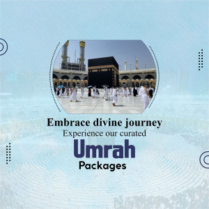 Image of the Kaaba in Mecca with text promoting Umrah packages.