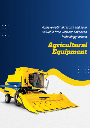 Yellow combine harvester in a field with text promoting agricultural equipment.
