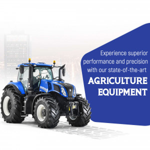 Blue New Holland tractor with text overlay promoting agriculture equipment