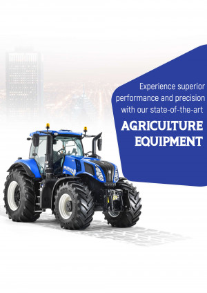 Blue New Holland tractor with a city skyline in the background and text promoting agriculture equipment.