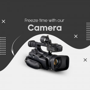 Black professional camera with text overlay 'Freeze time with our Camera'