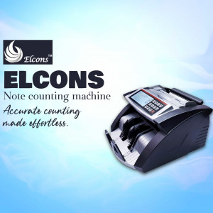 Elcons note counting machine with blue gradient background