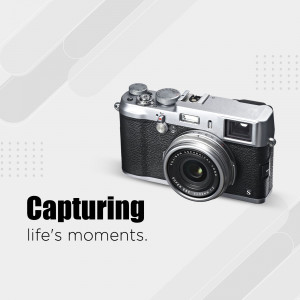 Silver and black Fujifilm X100V camera with the text 'Capturing life's moments.'