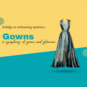 A promotional image featuring a beautiful gown with text overlay.