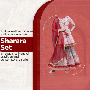 Pink and red Sharara set with floral print and dupatta