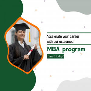 A graduate in cap and gown holding a diploma with text promoting an MBA program.