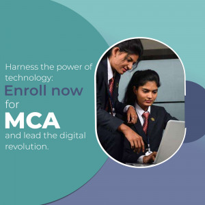 Two students looking at a laptop with text promoting MCA enrollment.