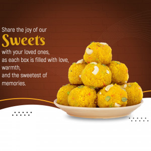 A stack of bright yellow laddus on a white plate with a brown background and text promoting sharing sweets.