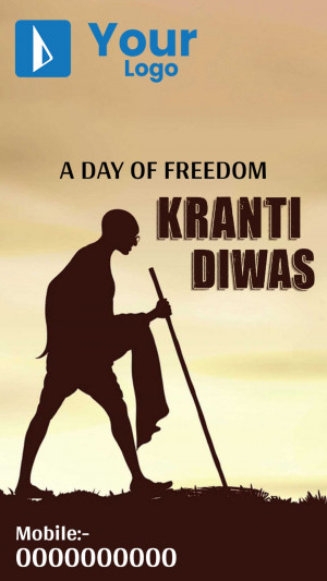 Silhouette of Mahatma Gandhi walking with a staff against a sunset background with text 'Kranti Diwas'
