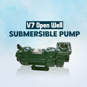 Green V7 Open Well Submersible Pump on a reflective surface