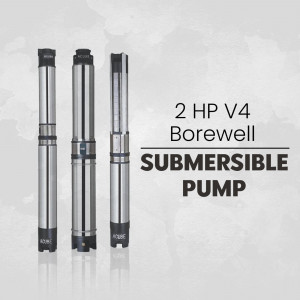 Image of three silver and black Borewell Submersible Pumps with product details.