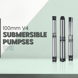 Three Aquatic 100mm V4 submersible pumps displayed against a light green and gray background.