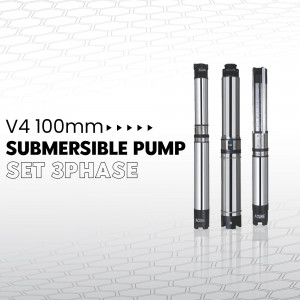 Three V4 100mm submersible pumps against a grey hexagonal background