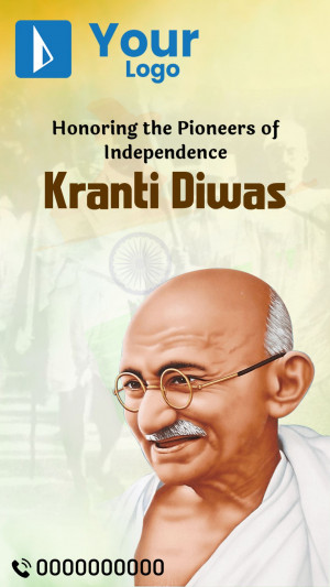 Image commemorating Kranti Diwas with Mahatma Gandhi's portrait and the Indian flag.