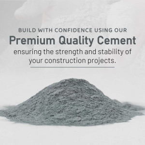 Pile of grey cement with text promoting premium quality and construction confidence.