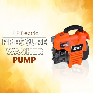 Orange and black Acube pressure washer pump on a yellow background