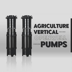Two black vertical openwell pumps with the text 'Agriculture Vertical Openwell Pumps' in a modern design.
