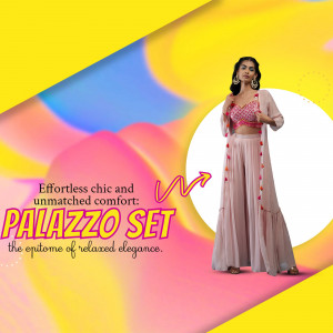 Woman wearing a pink palazzo set with a matching top and jacket, against a colorful abstract background.