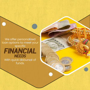 Image depicting gold jewelry, currency notes, and coins with text promoting personalized financial loan options.