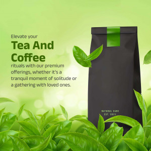 Black coffee and tea bag with green leaves on a light green background