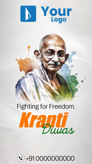 Watercolor portrait of Mahatma Gandhi with Indian flag colors and Kranti Diwas text.
