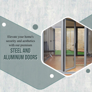 Modern steel and aluminum door with a hexagonal frame and promotional text.