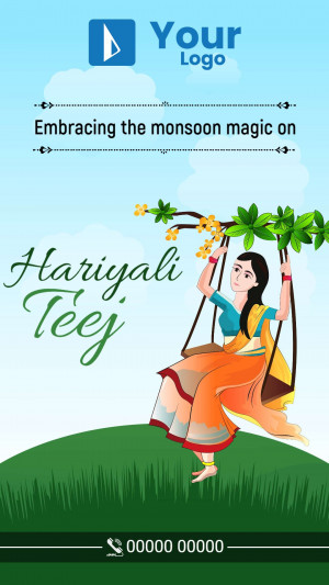 Illustration of a woman on a swing celebrating Hariyalii Teej during the monsoon season.