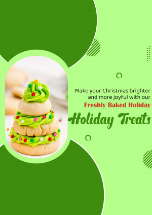 A stack of Christmas tree-shaped cookies with festive icing, promoting holiday baked goods.