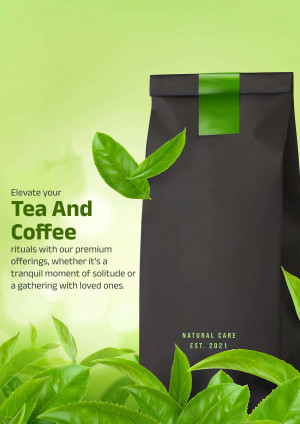 Black tea and coffee packaging with green leaves