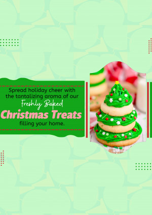 Christmas tree shaped cookies with green frosting and a promotional text overlay.