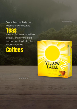 Product shot of Yellow Label tea and coffee packaging.