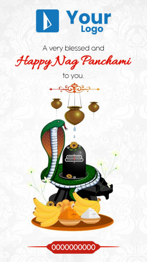Nag Panchami festival greeting with snake, shivling, and traditional elements